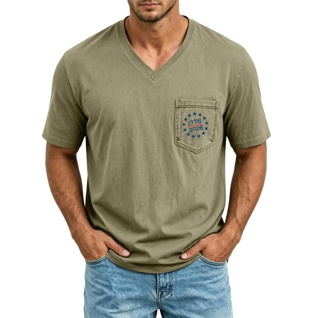 Men V Neck Short Sleeve T Shirt with Printed Pocket Relaxed Fit Lightweight Casual Top for Daily Wear