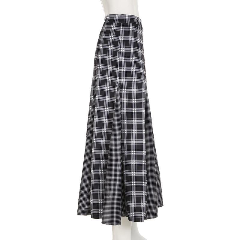 American Retro Patchwork Plaid Low-Waist Long Skirt for Women