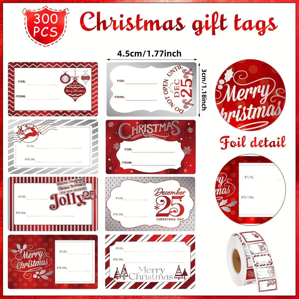 300pcs/Roll Christmas Stickers, Self-Defined Signature Date Handwritten Stickers, Red and Silvery Foil Holiday Gift Tags