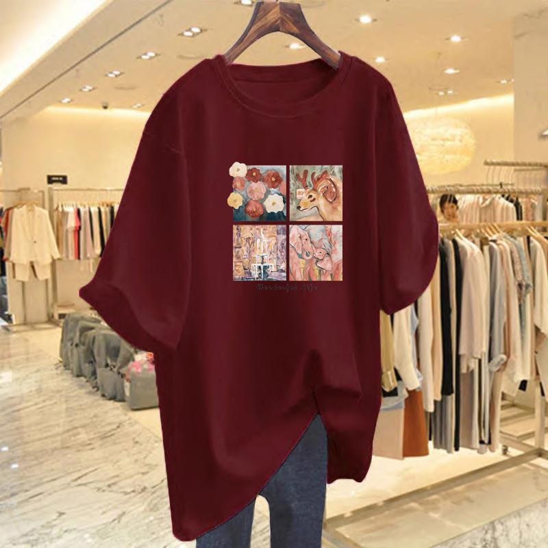 Dark green short-sleeved t-shirt women's large version loose pure cotton medium and long belly-covering and thin half-sleeved t-shirt ns tide