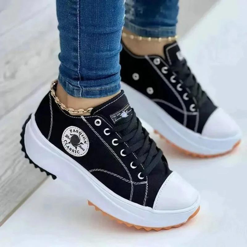 Fashion Classic White Canvas Sneakers Women's Casual Shoes Thick Sole Lace-up Tennis Shoes High Quality Fashion Sports Shoes 35-43