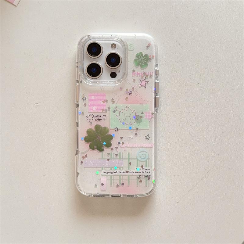 

Glitter Heart & Clover Sticker for iPhone 17 Pro Max, Apple 16, 15, 13/14 Round Edge Cases iPhone 16