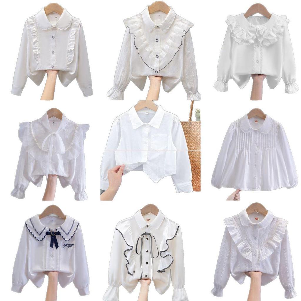 Girls' White Long Sleeve Lace Shirt - Spring/Autumn Class Uniform, Performance Costume.