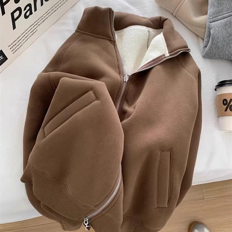 Thickened Velvet Sweatshirt Jacket Zipper Collar Warm Casual Autumn Winter Commute Women's