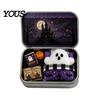 Halloween Candy Storage Mini Tin Box Gift, Plush Ghost with Haunted House Cabin Illustration Scene, Collectible Micro Theater Gift for Kids,
