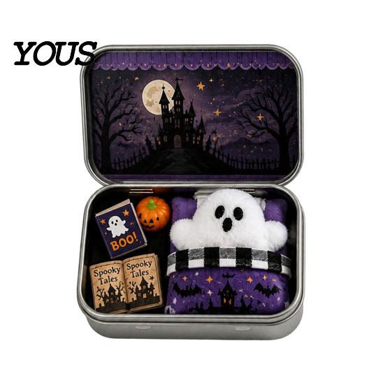 Halloween Candy Storage Mini Tin Box Gift, Plush Ghost with Haunted House Cabin Illustration Scene, Collectible Micro Theater Gift for Kids,