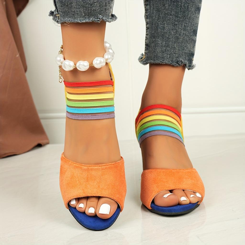 Women's Summer Colorful Ribbon Sandals - High Heel Cross Strap Ankle Strap Sandals, Round Toe Rhinestone Buckle Dressy Sandals for Ladies
