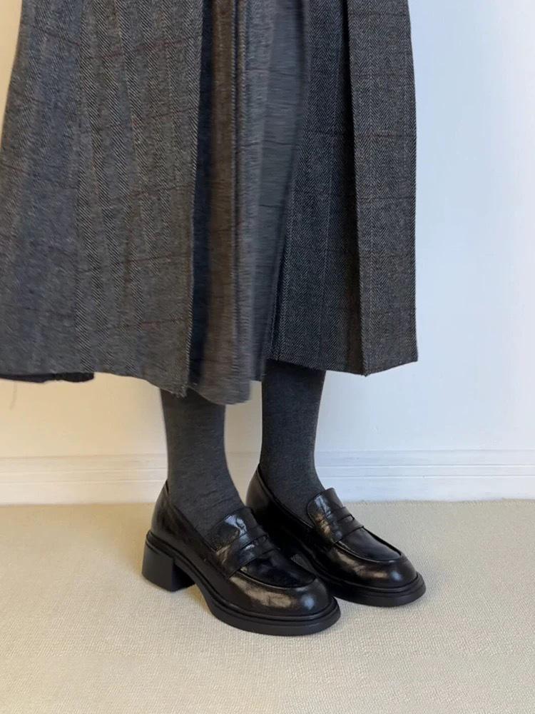 Dames Vaskbare Britisk Retro Ekte Skinn Chunky Hæl Loafers