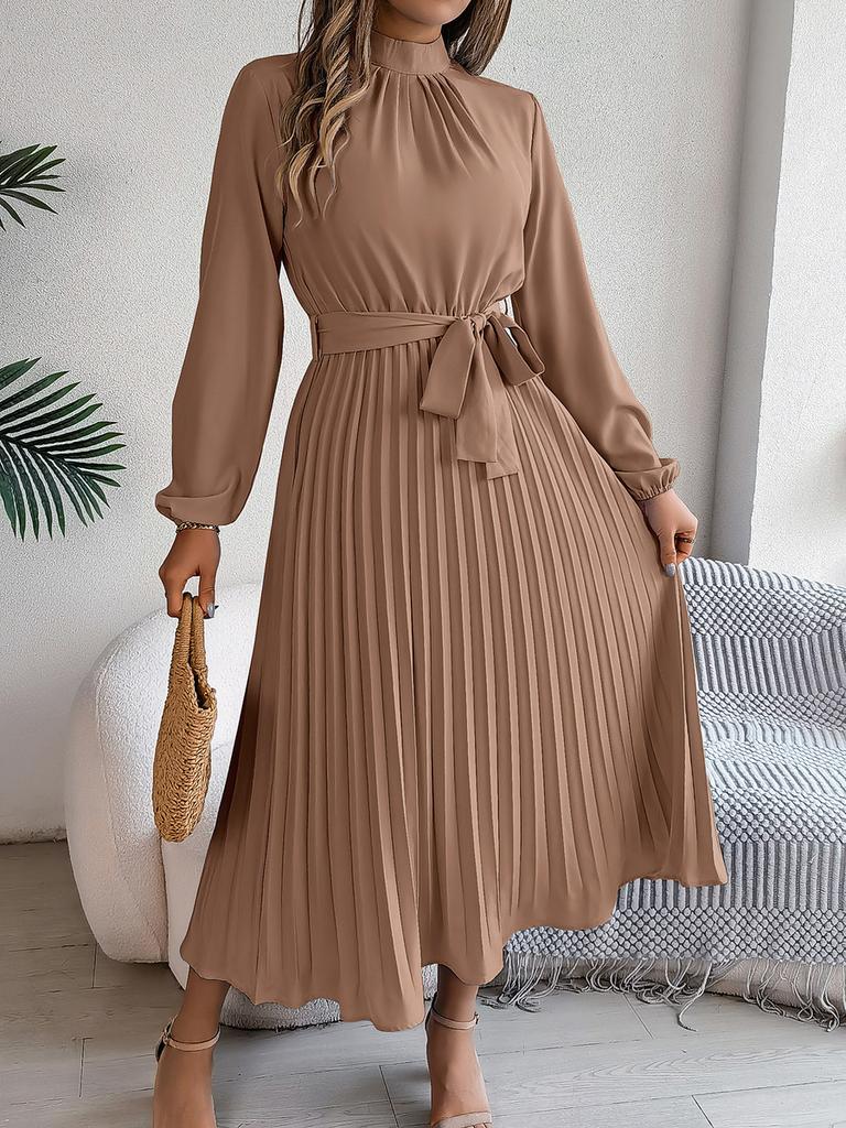 Fall Elegant Stand Collar Long Sleeve Ruched Waist A-Line Dress Women's Formal Wear
