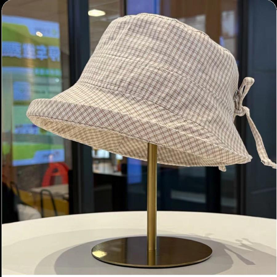 Small fresh plaid bucket hat new curling edge versatile sunscreen hat fashionable big eaves show face small sunshade basin hat