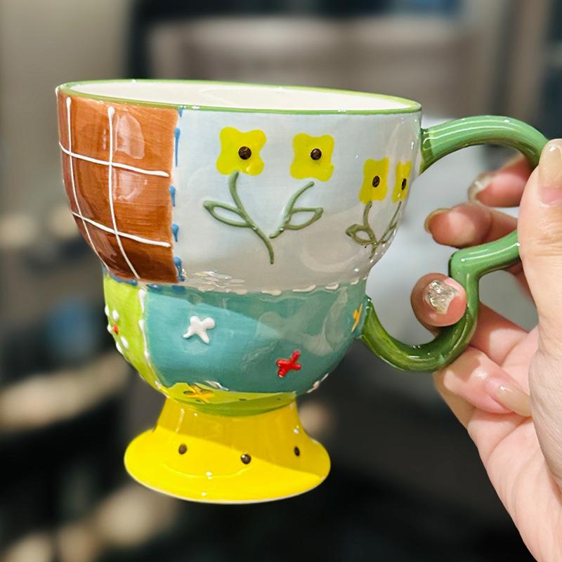 

Creative Embossed Hand Painted Checkered Goblets Niche Design Sense Ceramic Mugs Office Coffee Cups As Souvenirs 350ml