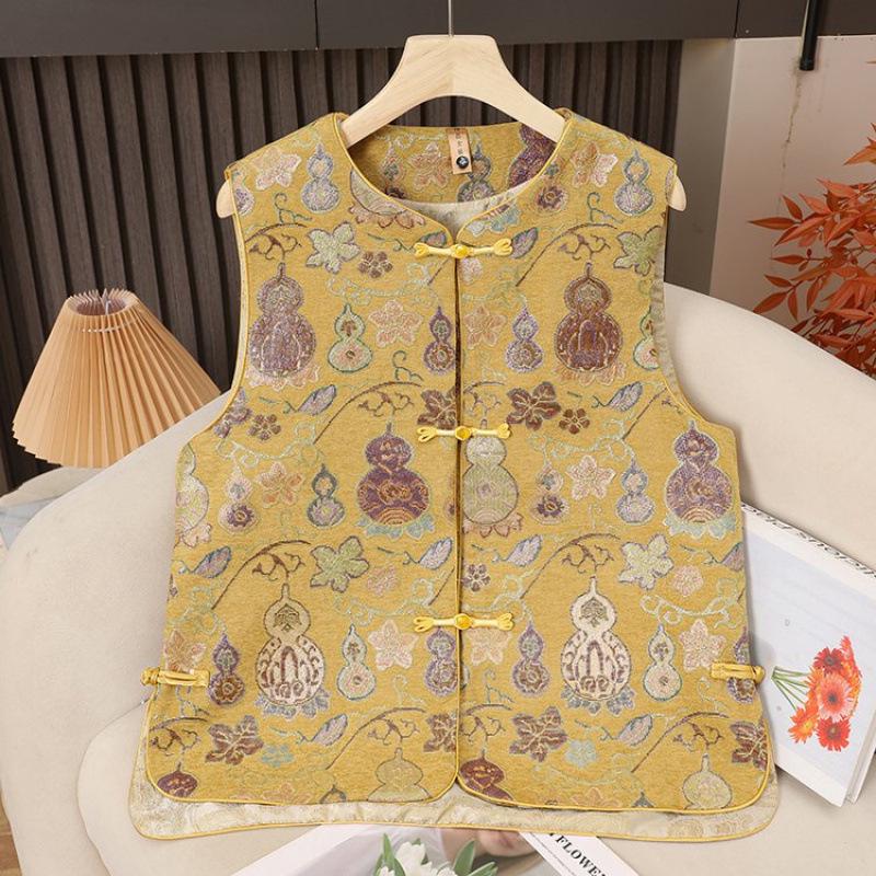 Dames Retro Chinese Kalebas Jacquard Vest, Lente/Herfst Ronde Hals met Kikkerknopen