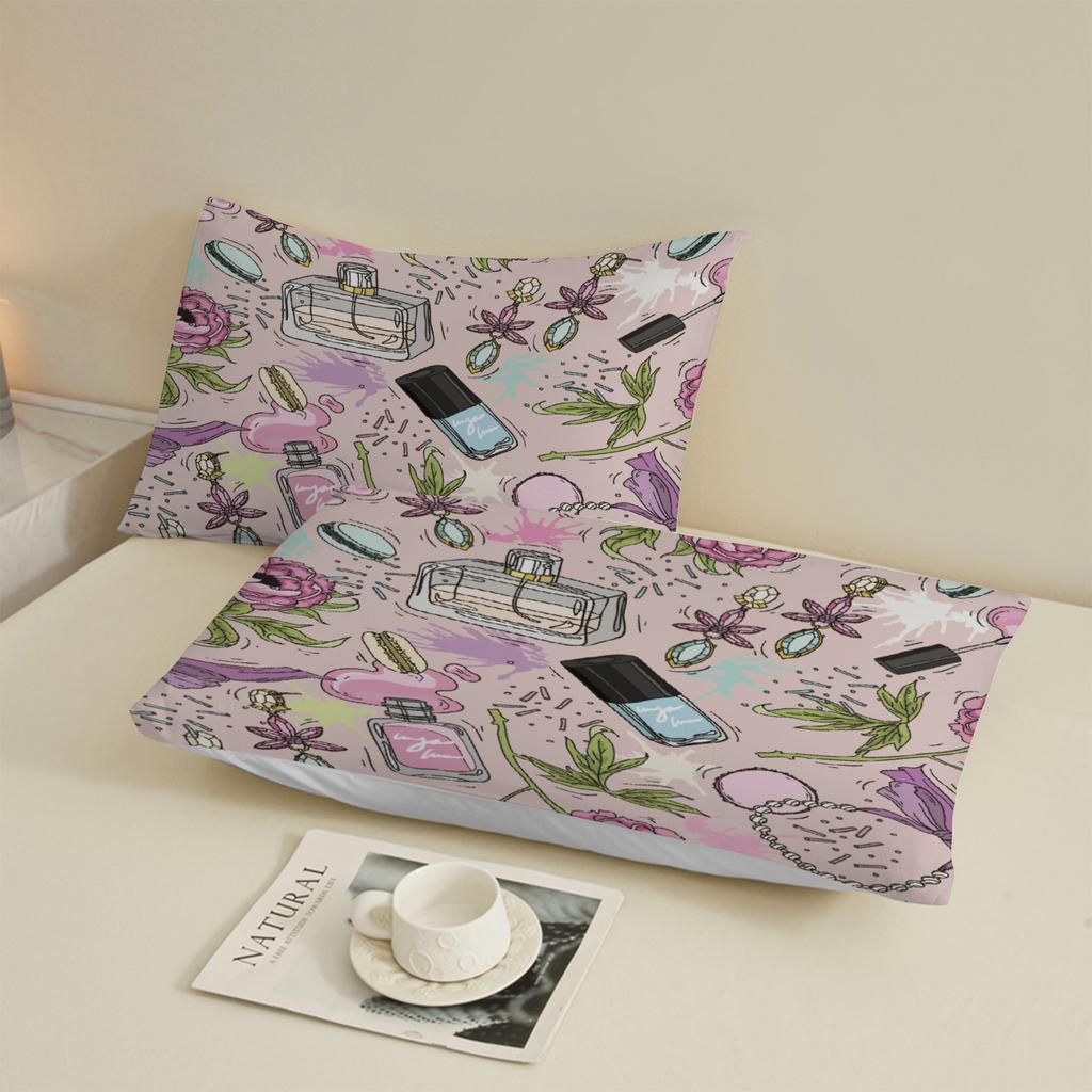 3pcs Pink Fitted Sheet Sets Gifts For Girls Perfume Bottles Flowers Jewelry Nail Polish 3D Printed Flat Sheet With Pillowcases