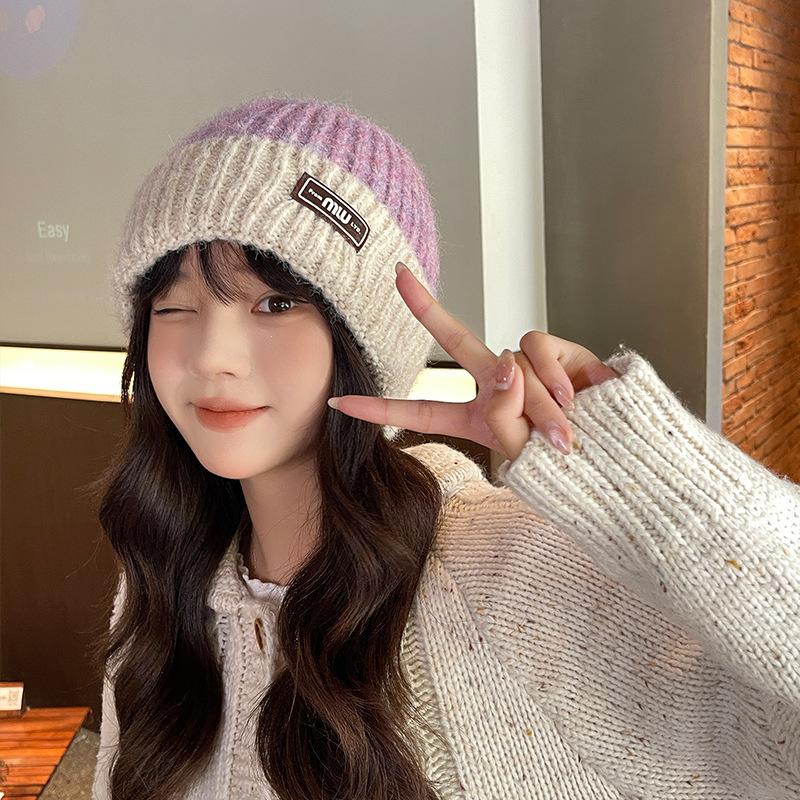

Вязаная шапка для осени и зимы, студенческая теплая вязаная шапка, женская защита ушей, модная холодная шапка One Size фиолетовый