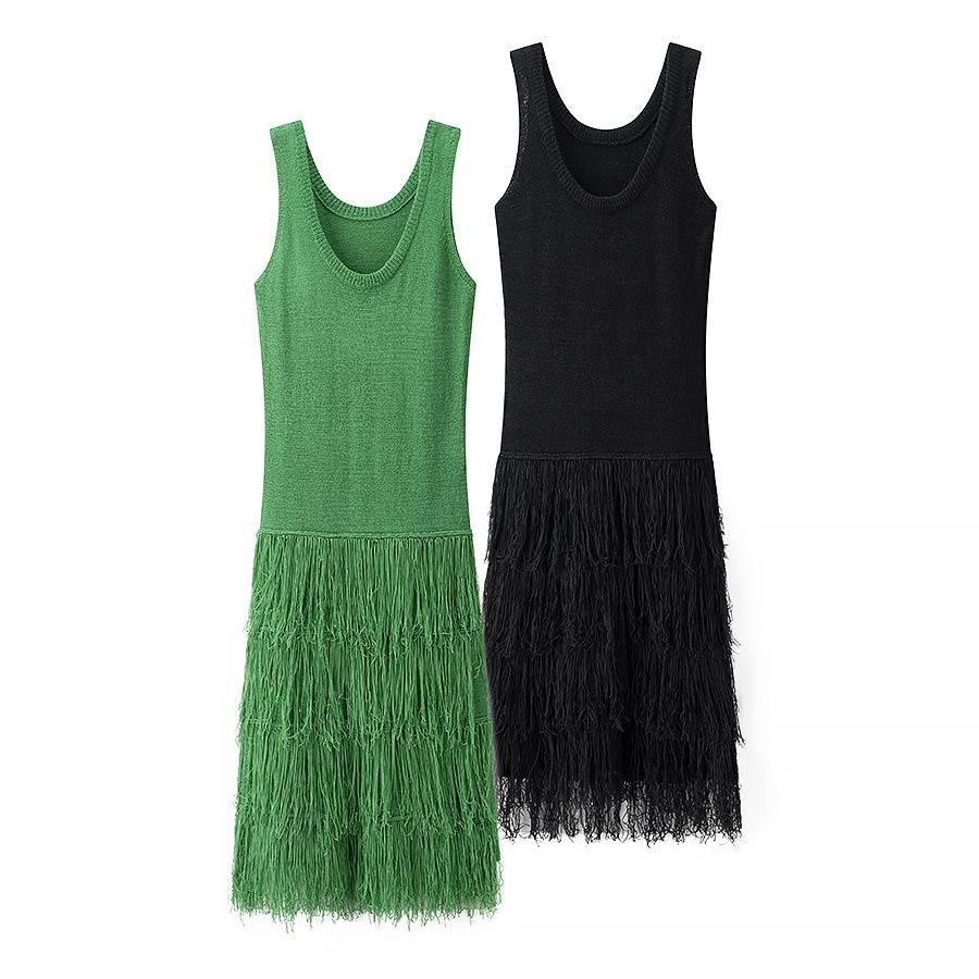 

2025 Spring European & American Women s Sleeveless Tassel Dress Medium чёрный