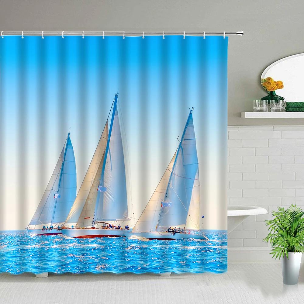 Sailboat Ocean Scenery Bathroom Shower Curtains Oil Painting Landscape Waterproof Bath Curtain Bathtub Decor Cloth Set With Hook