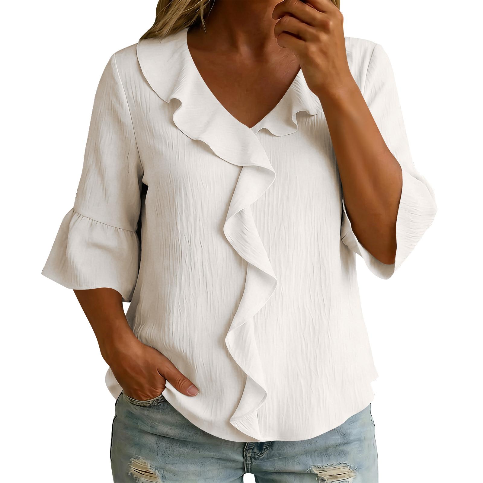 

Womens ShrotSleeveTops Cotton Linen Button Down Shirts V Neck Pleated Casual Loose Sleeve Shirt XL білий