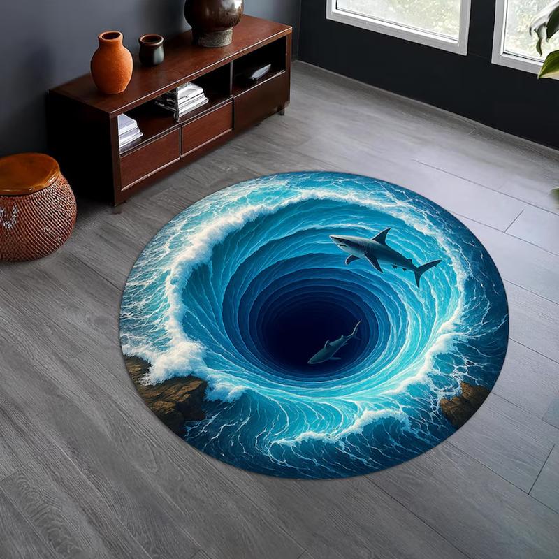 3D Visual Illusion Ocean Swirl Round Carpet Illusion Abyss Design Non-Slip Floormat Fun Home Decor Rug for Living Room Bedroom