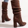 Autumn Women's Chunky Heel Shoes New Fashion Wrinkle Flock High Heel Mid Calf Boots for Women Vintage Ladies Knee High Boots