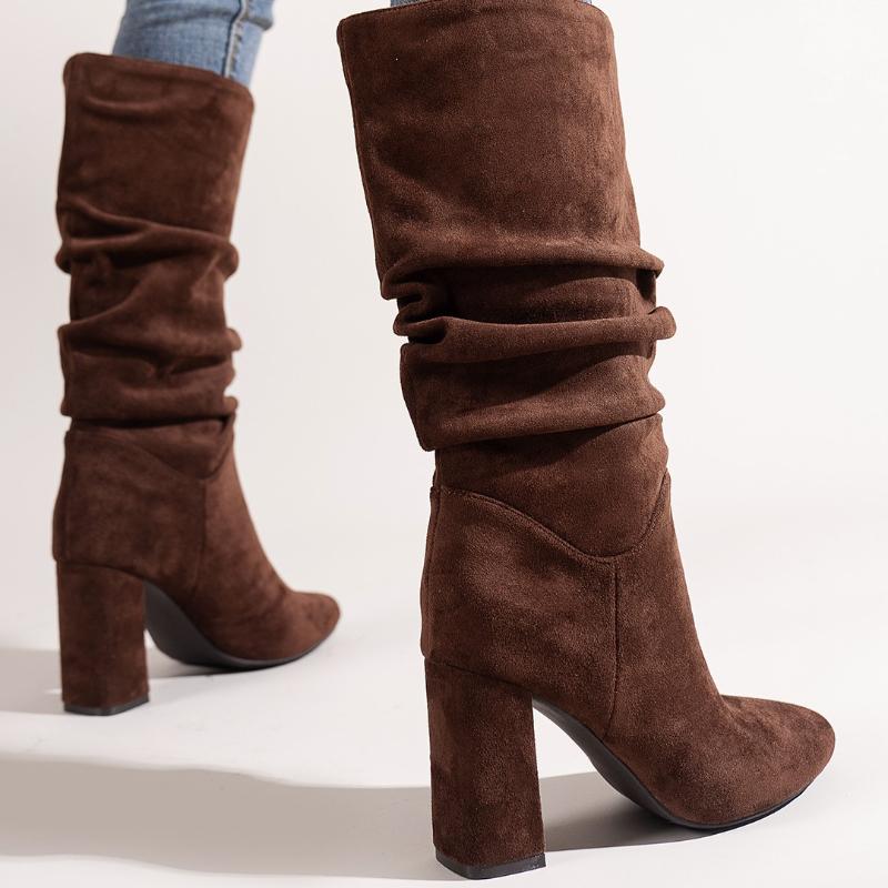 Autumn Women's Chunky Heel Shoes New Fashion Wrinkle Flock High Heel Mid Calf Boots for Women Vintage Ladies Knee High Boots
