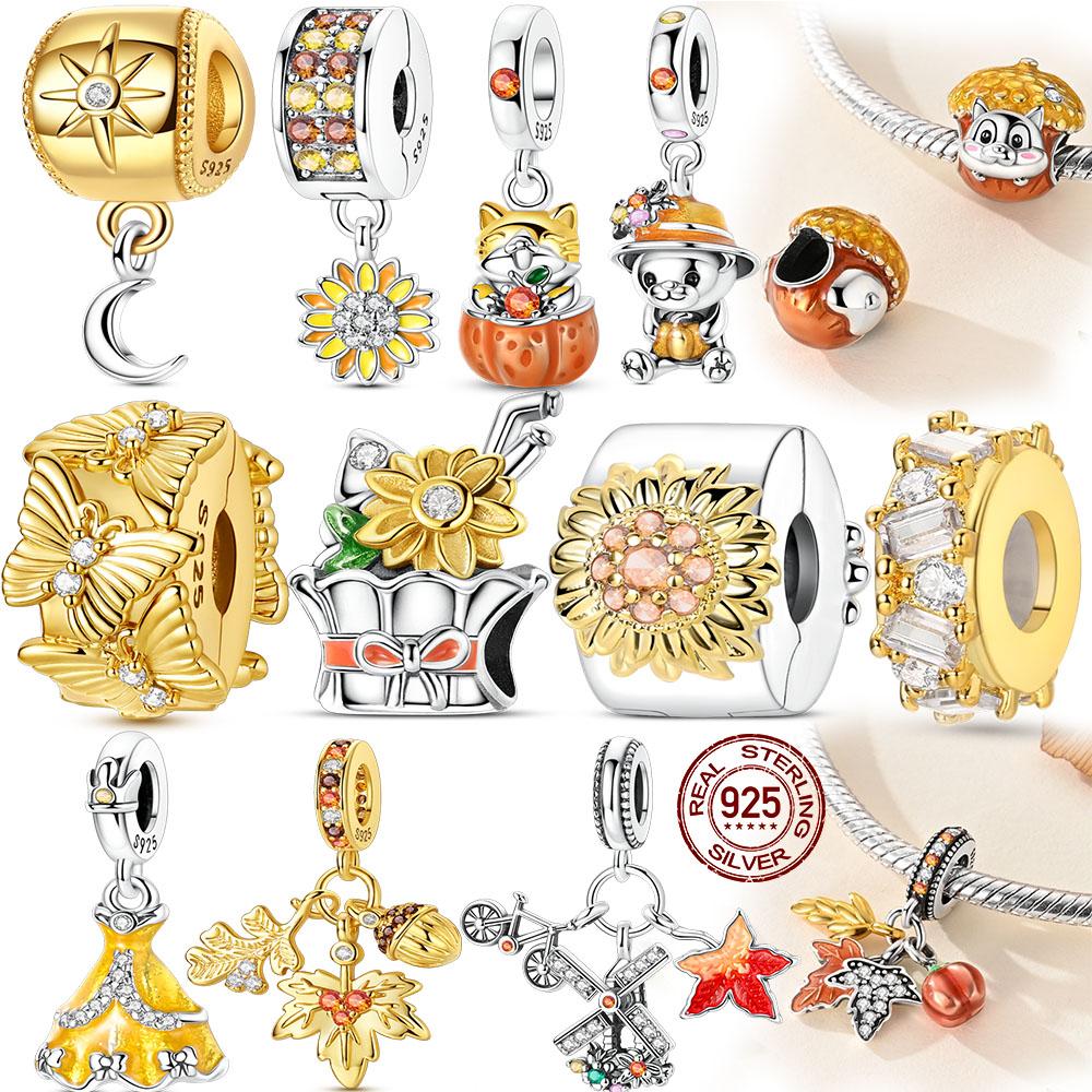 Gold Plated Charm Bead Charms Copper Authentic Fall Maple Leaves Sunflower Charm Bead Charms Pendant Compatible With Bracelets Diy Woman Jewellery Mak