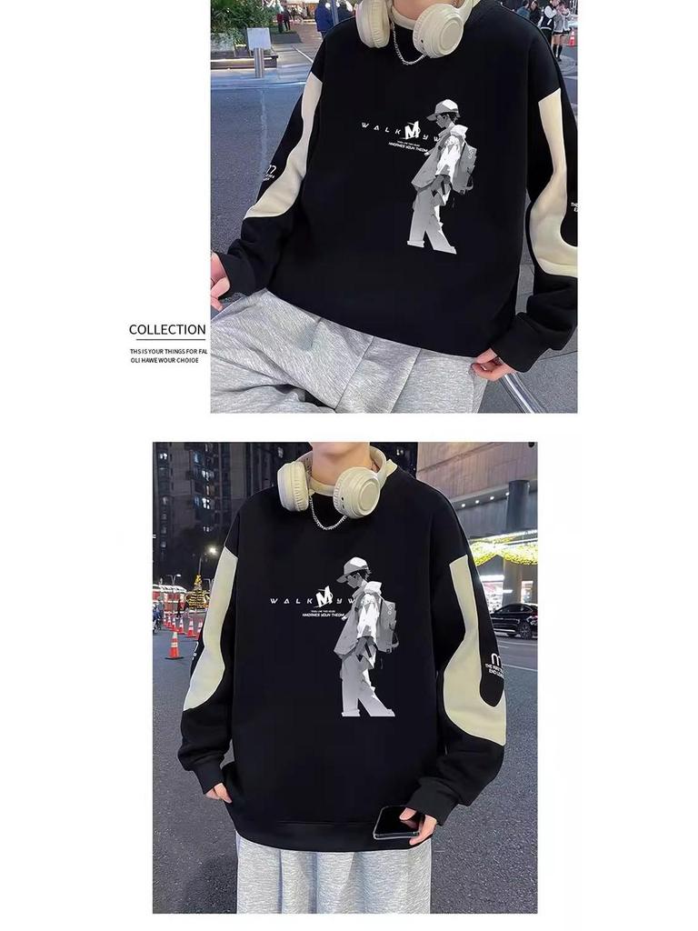 Men’s Trendy Colorblock Patchwork Hoodie – Spring/Autumn, Loose Fit, Plus Size, Round Neck, Long Sleeve Printed Top