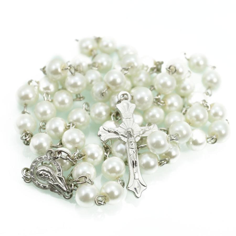 8mm Imitation Pearls Bead Catholic Rosary Cross Necklace Cross Religious Pendants Necklace Sweater Chain