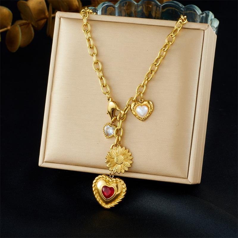 18K Gold Plated Heart Daisy Charm Lariat Necklace, Dainty Multi-Charm Station Y-Drop Chain for Women, Trendy Jewelry