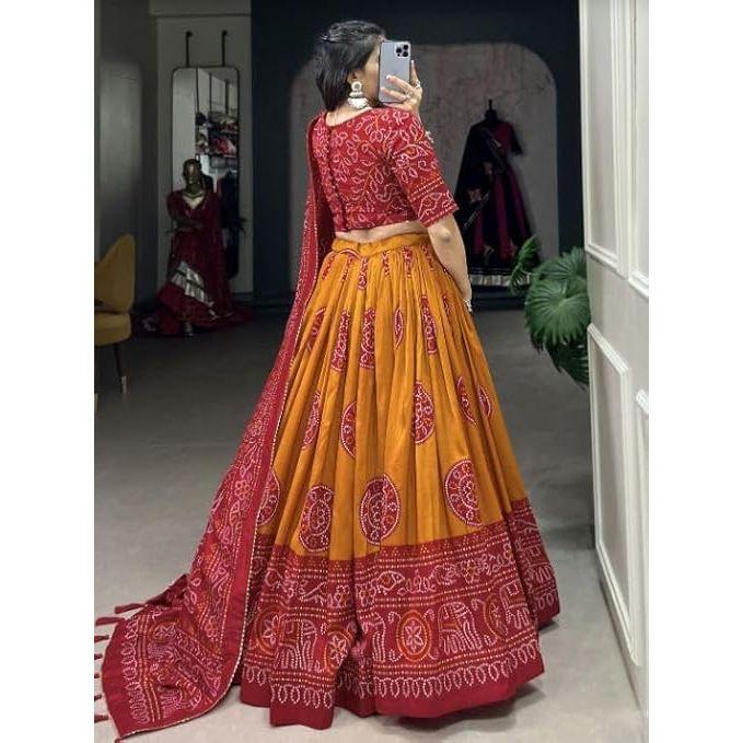 Conjunto de Lehenga Choli de Seda Tussar Estampado Bandhej para Mujer, Blusa sin Coser