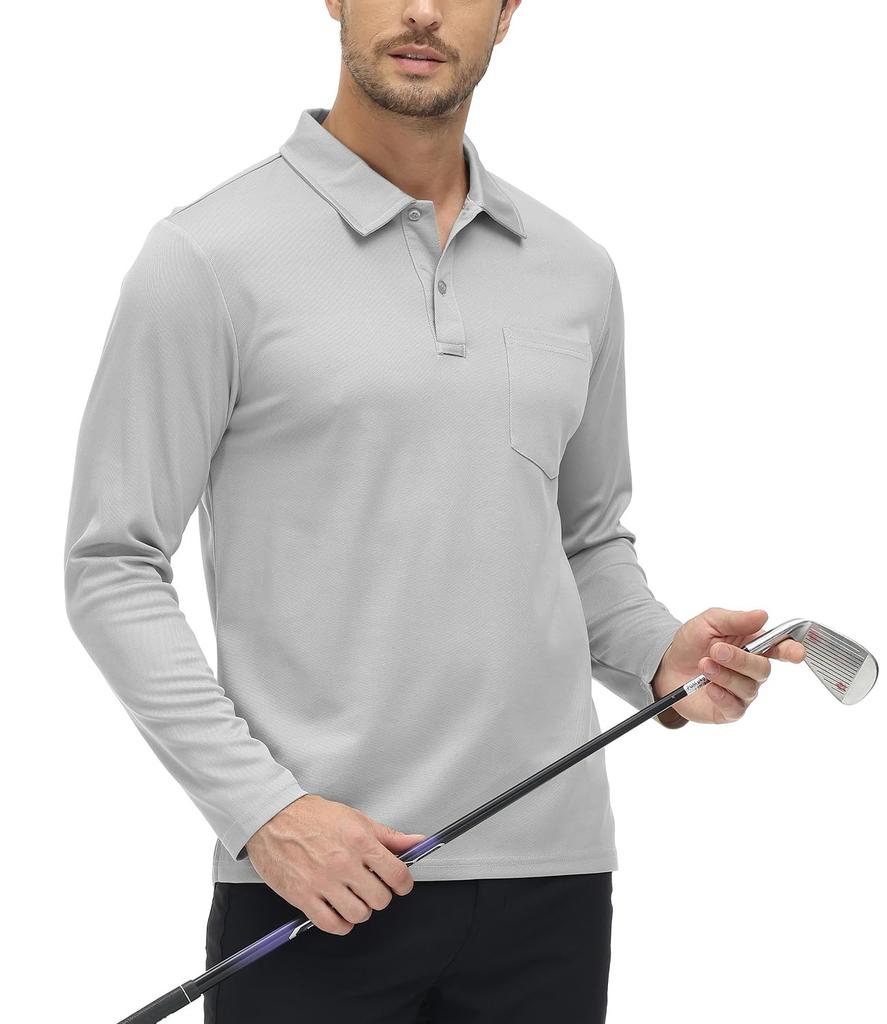 TBMPOY Long Sleeve Polo Shirt with Business UV Outdoor Light Size XL Men's Pockets, Top, Golf, Fitness, Training, Stretchy, Fold-down Collar,