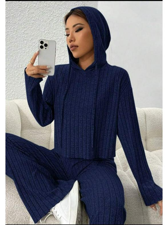 Set nou pentru femei, casual, cu pulover tricotat cu glugă cu dungi și pantaloni largi cu mâneci lungi pentru primăvară/toamnă