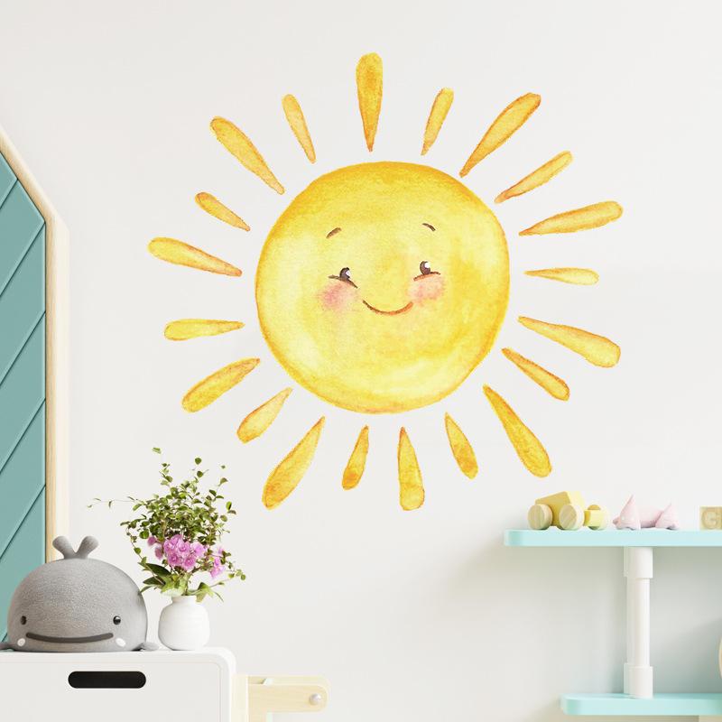Playful Cartoon Sun Wall Stickers Hand-Painted Style Self-Adhesive Wall Art for Kids Room and Hallway Home Decor