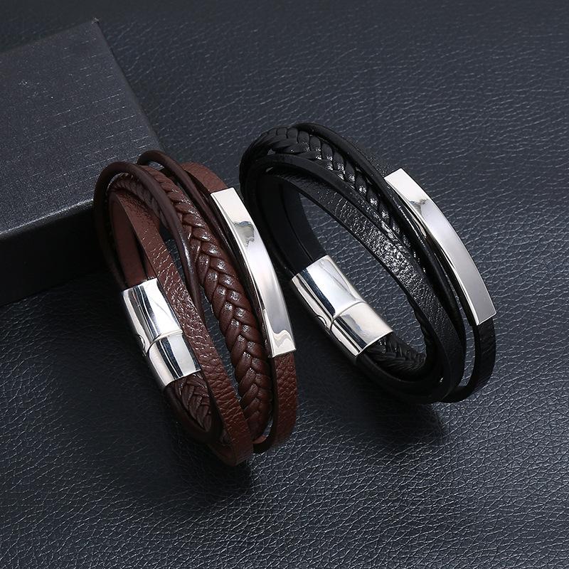 Stainless Steel Leather Bracelet Simple Multi-Layer Cowhide Retro Woven Titanium Steel Bracelet Bracelet