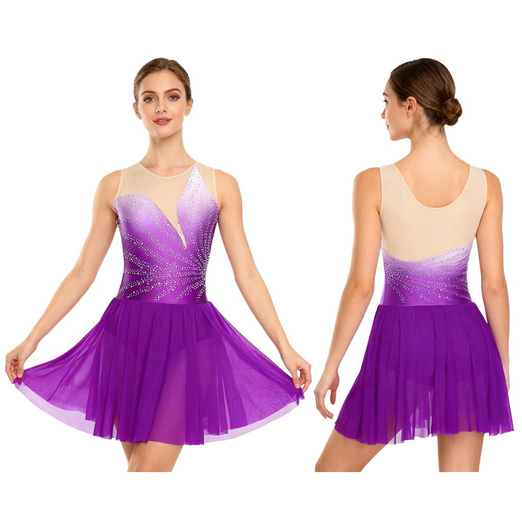 Damen Eiskunstlauf Performance Kleid: Ärmelloses Netz-Kleid mit Strasssteinen und sicheren Schrittknöpfen für Wettkämpfe