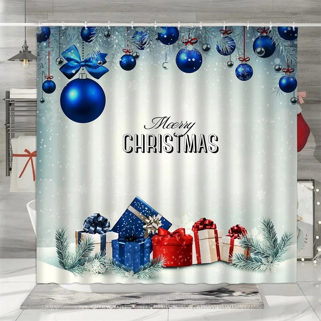 

Christmas Shower Curtain Winter Colourful Balls Pine Needle Gifts Merry Wreath Polyester Bathroom Decor For Washroom Made Of W100*H130(CM)-Hooks&2PCS