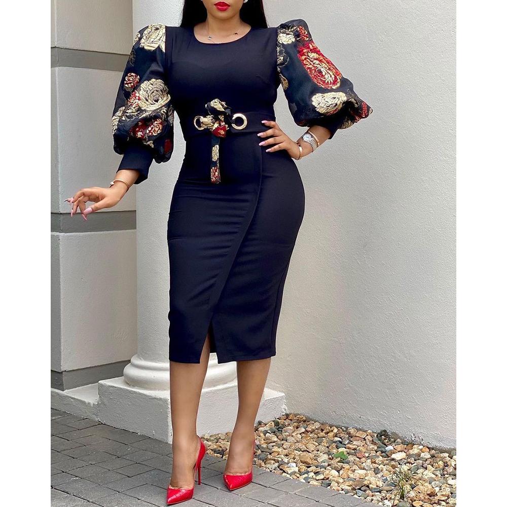 Plus Size Femei Fashion Slim Floral Midi Rochie Maneca Lantern Rochii de petrecere de seara