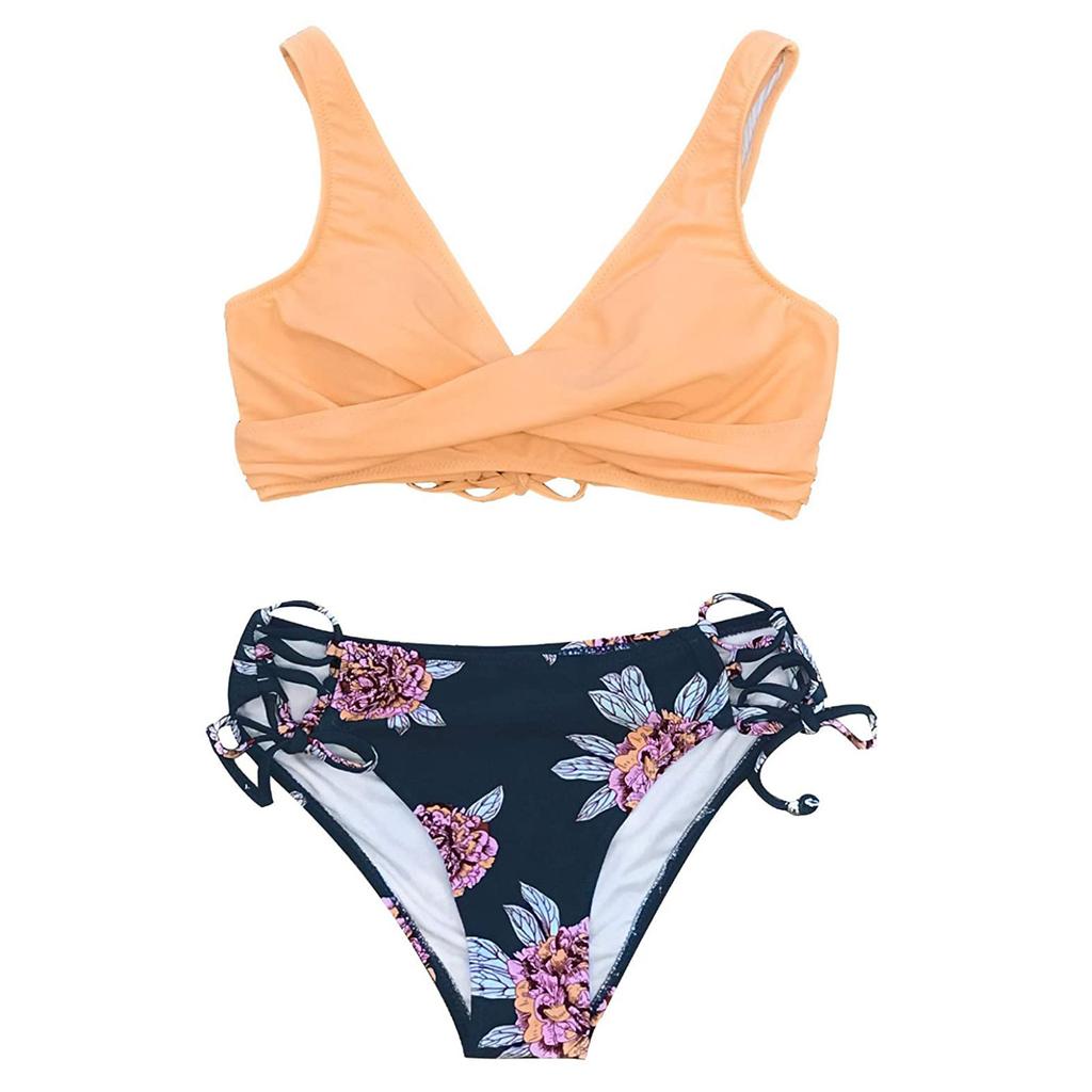 Two Piece Bikini Swimsuit for Women Floral Print High Waist Bottoms Sleeveless Crop Top Swimwear Set with Adjustable Ties