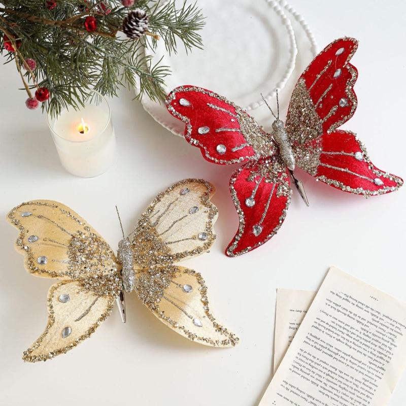 Bruchfeste Samt Schmetterlingsdekorationen für Weihnachtsbaum 25 cm Glitzernde Flügel Innen Außen Festival Partyzubehör