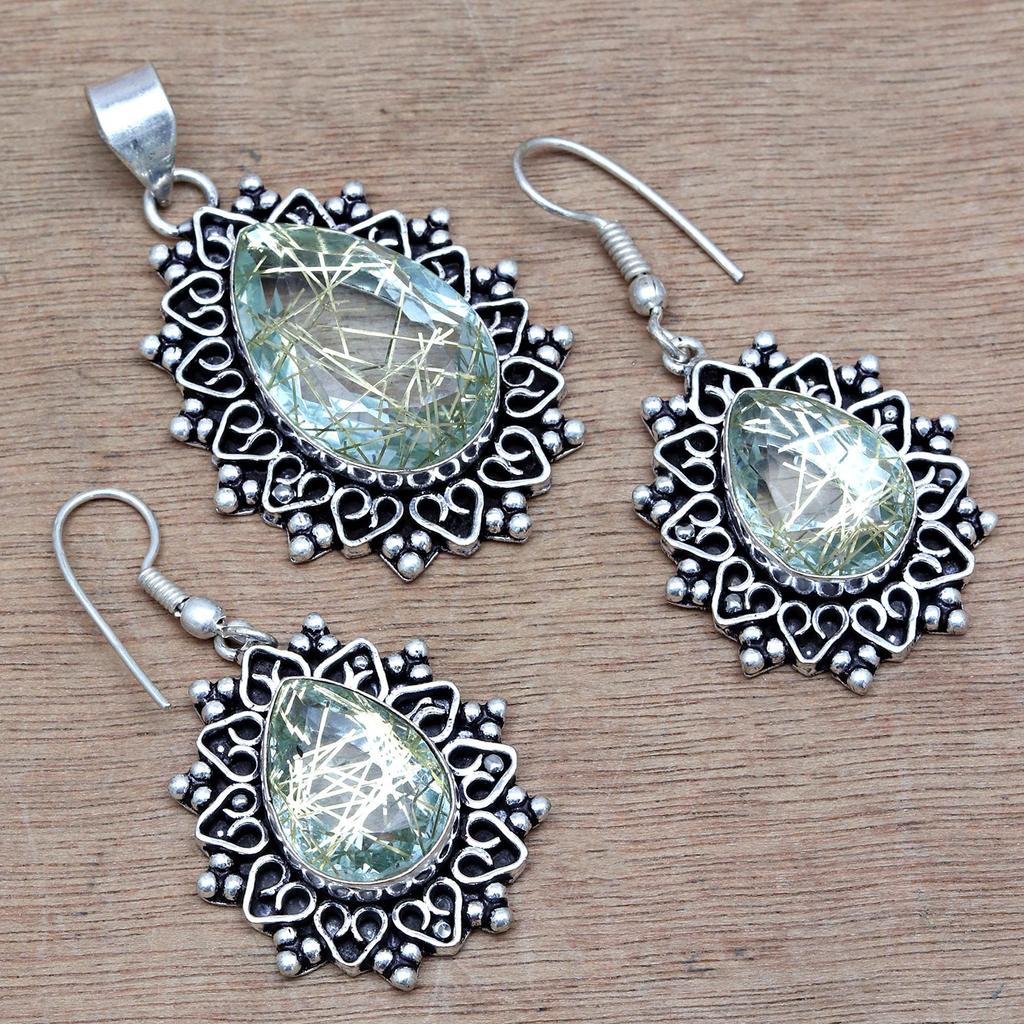 Rutile  Golden Set Earring Jewelry 18-20'' Pendant Quartz Sterling