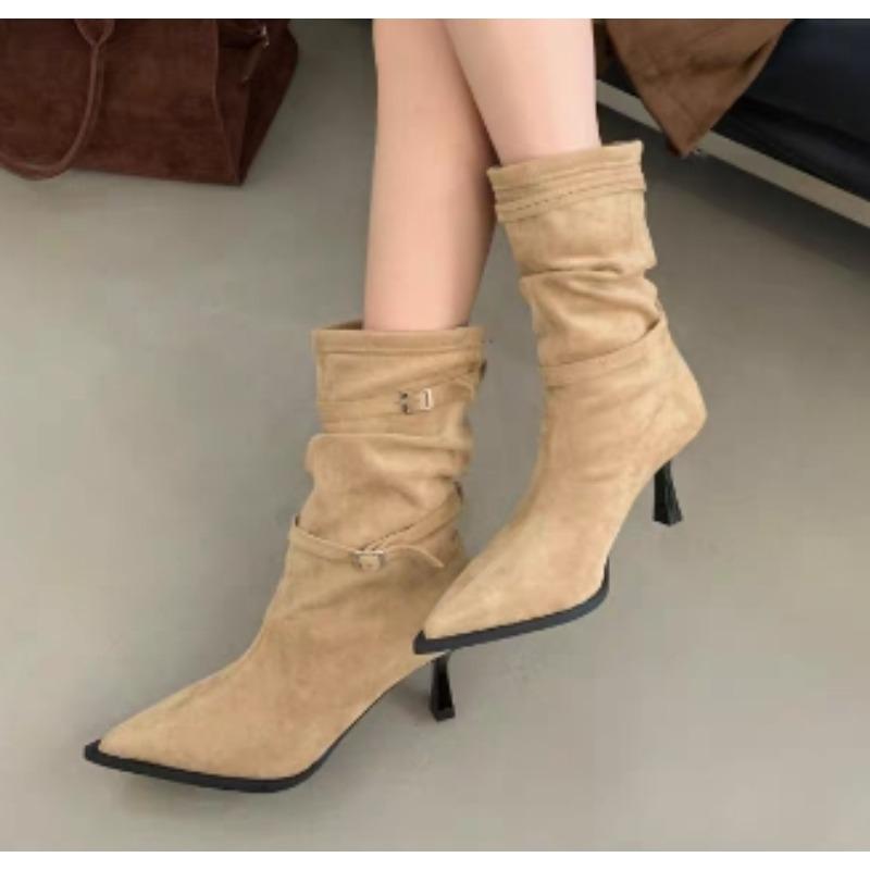 New Style Luxury Autumn Ankle Boots For Women Suede Short Boots Female Pointed Toe Shoes Side Zipper High Heels Footwear