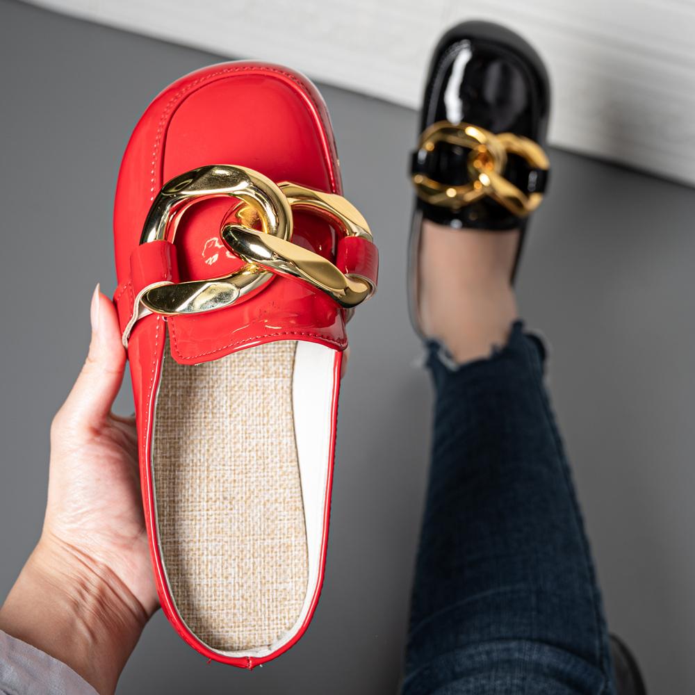 Summer Women Slipper Low Heels Casual Slides Flip Flop Round Toe Brand Design Gold Chain Closed Slip On Shoes Mulles