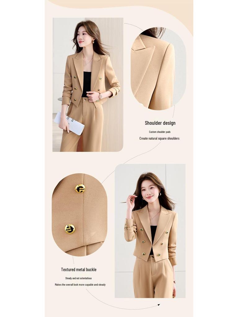Women's Petite Slim Fit Color Block Suit Set - Light Luxury Style, Flattering Double-Breasted Short Blazer, Professional Wear.
