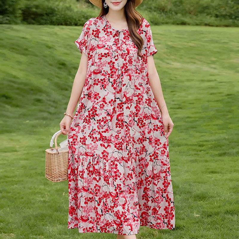 Women's Plus Size Floral Print Short Sleeve Maxi Dress, Loose Casual Summer Sundress (XL-5XL)