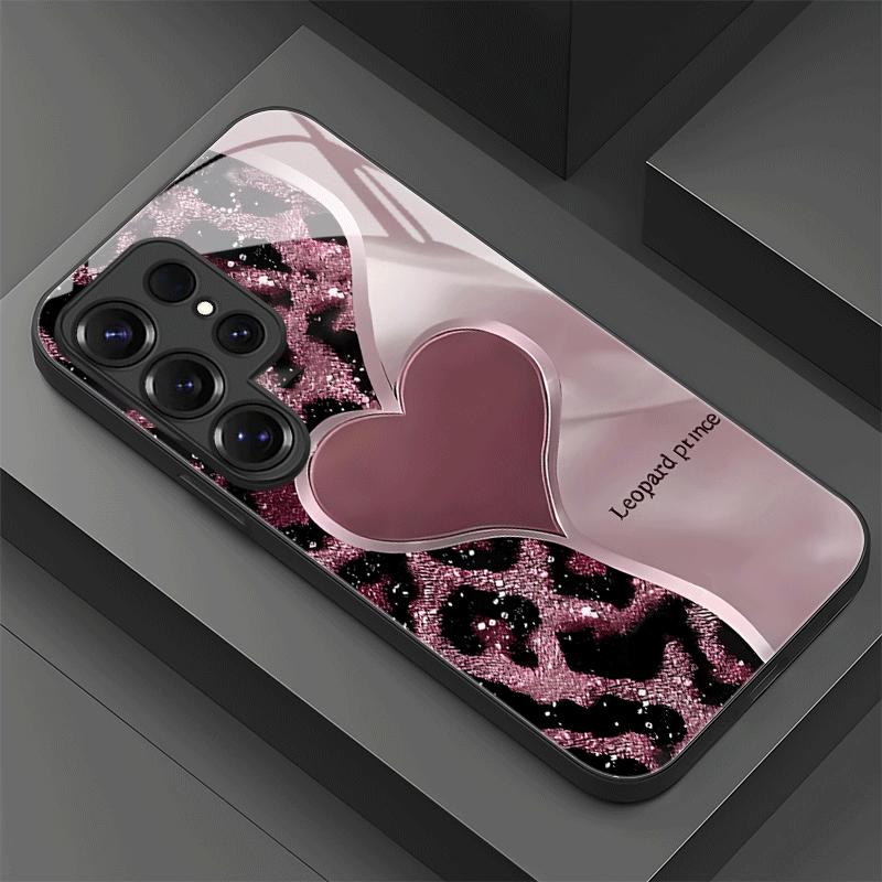 Leopard patterned heart-shaped design glass phone case suitable for Samsung GalaxyS26 S25 S24 S22 S21 S20FE/Ultra/Plus anti drop