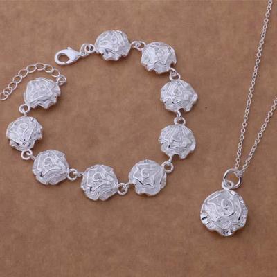 925 Sterling Silver Plated Rose Flower Jewelry Set - Bracelet & Necklace In European and American Fashion Style