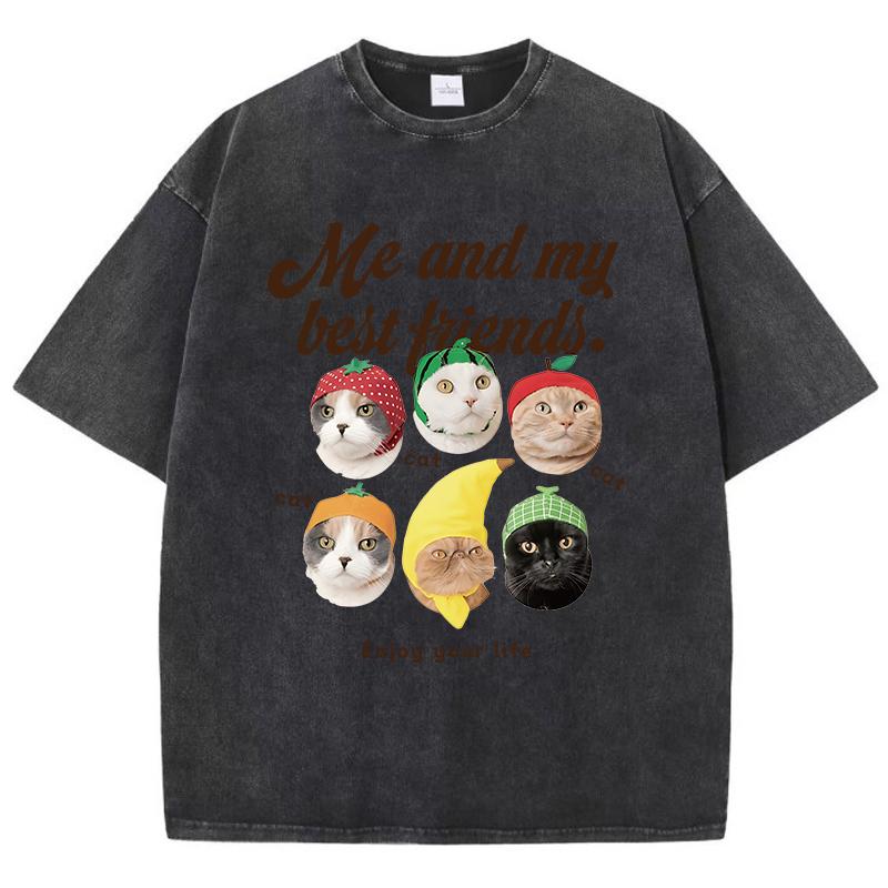 Io e la Mia Migliore Amica T-shirt Lavate in Cotone Donna Stampe Gatti Carini T-shirt Top Oversize Stile Usurato Girocollo Abbigliamento Donna