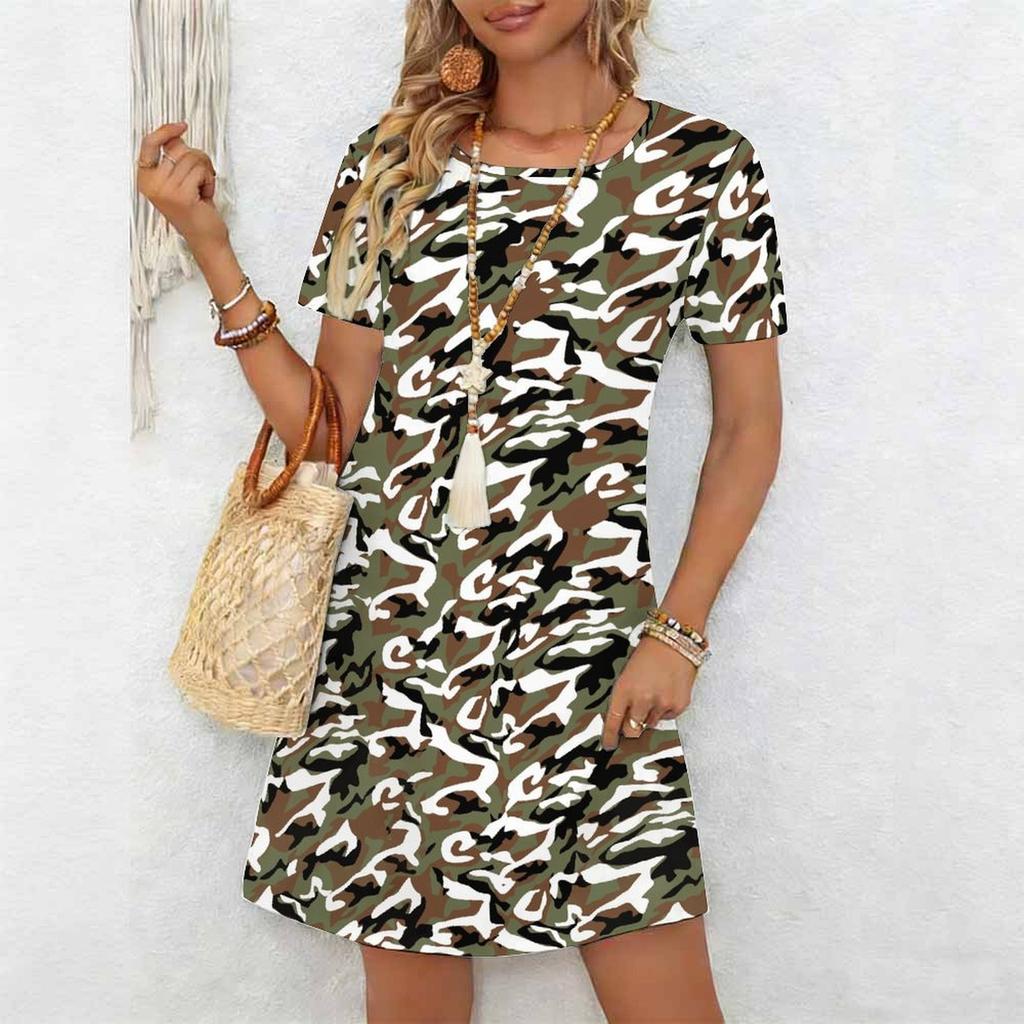 Ladies Crew Neck Plus Size Short Sleeve Dress Bright Wild Meadow Print For Outdoor Brunch