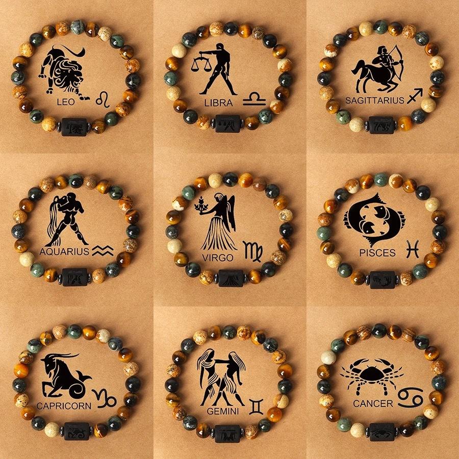12 Zodiac Sign Natural Stone Beaded Bracelet Vintage Constellation Bracelet Unisex Jewelry Handmade Astrology Lover Accessory