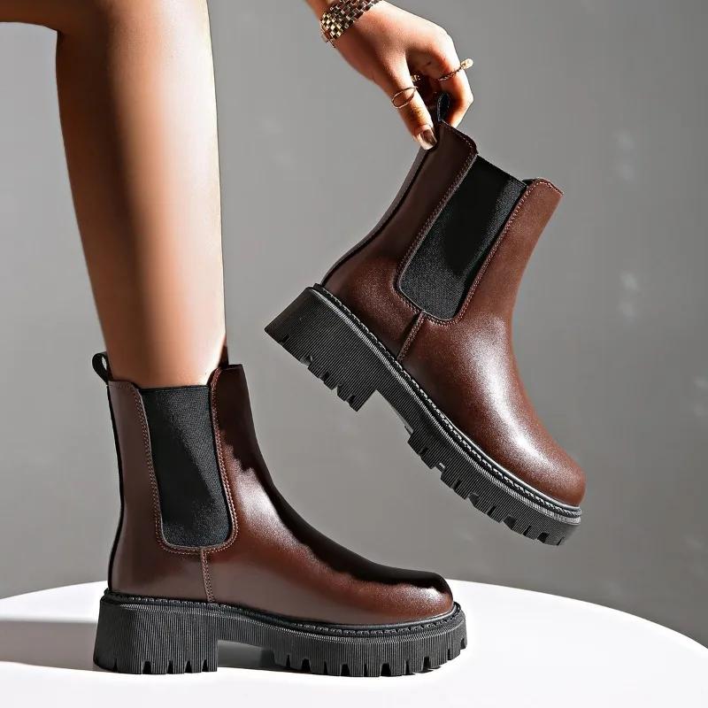 Fashion Round Toe Modern Boots Women 2024 High Quality Ladies Shoes Slip-on Women's Boots New Plus Size Solid Mid-Calf Boots