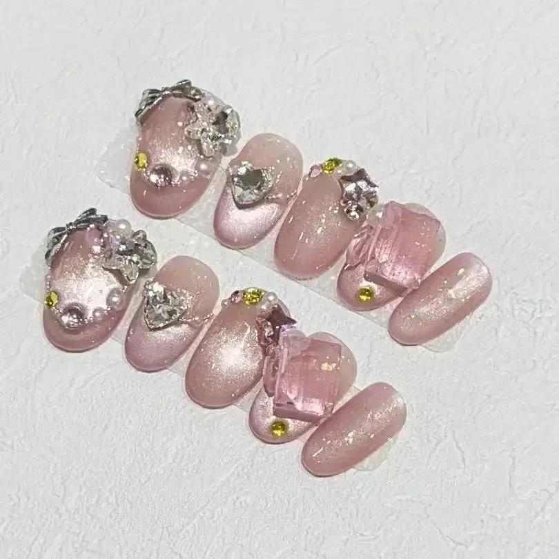 10Pcs Short Handmade Pink Press On Nails Spring French Rhinestone Full Cover Fake Nail Plaid Manicure Wearable Nail Tips Art